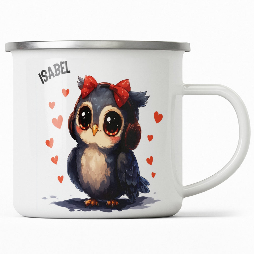 Emaille Tasse Süße Eule mit roten Herzen Kaffeetassen mit Name personalisiert & Motiv | Geschenkidee (7476) - von Mikalino