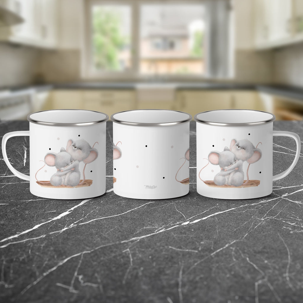 Emaille Tasse Bezaubernde Knuddelnd Mäuse Design Kaffeebecher mit Name personalisiert & Motiv | Geschenkidee (7484) - von Mikalino