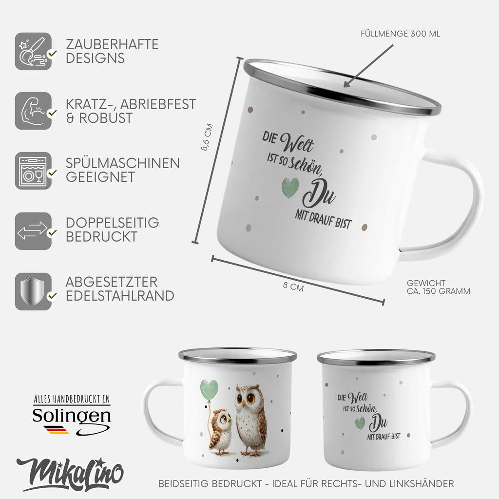 Emaille Tasse Die Welt ist so schön Du mit drauf bist mit Name personalisiert & Motiv | Geschenkidee (7478) - von Mikalino