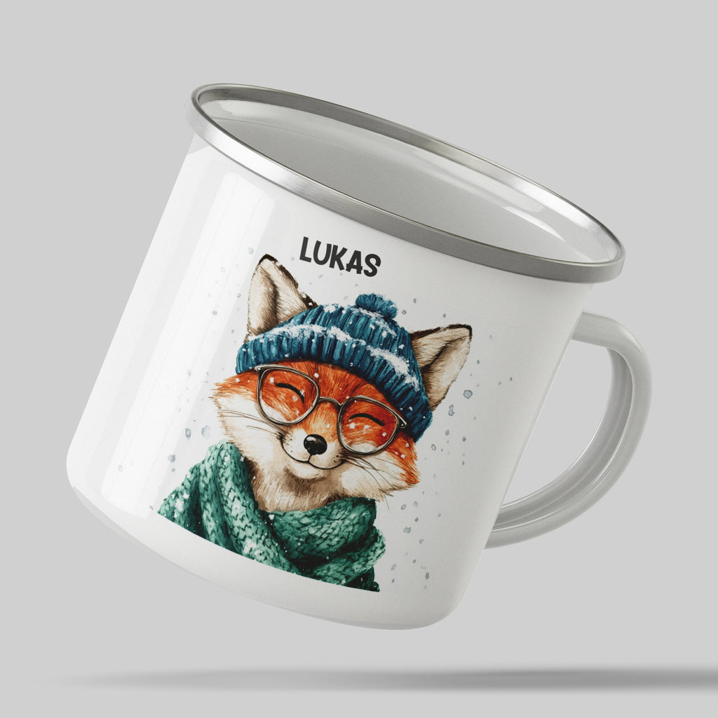 Emaille Tasse Süßer Fuchs mit Brille und Mütze Motiv mit Name personalisiert & Motiv | Geschenkidee (7489) - von Mikalino