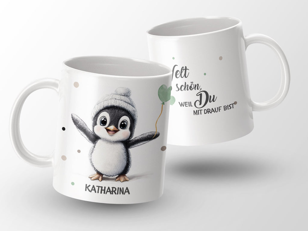 Keramik Tasse mit Wunschname Pinguin Illustration - von Mikalino