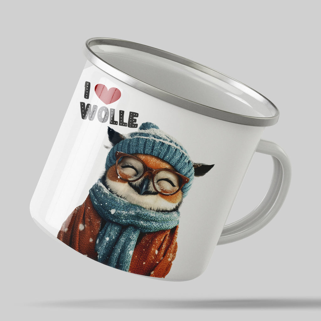 Emaille Tasse Süße Eule mit Brille und Schal I love Wolle mit Name personalisiert & Motiv | Geschenkidee (7474) - von Mikalino