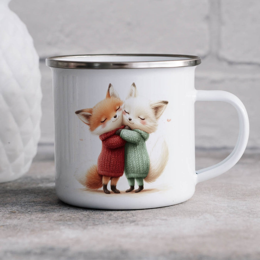 Emaille Tasse Niedliche Umarmung der Füchse Illustration mit Name personalisiert & Motiv | Geschenkidee (7486) - von Mikalino