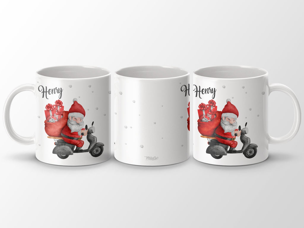 Keramik Tasse mit Name Weihnachtsmann auf Motorroller - von Mikalino