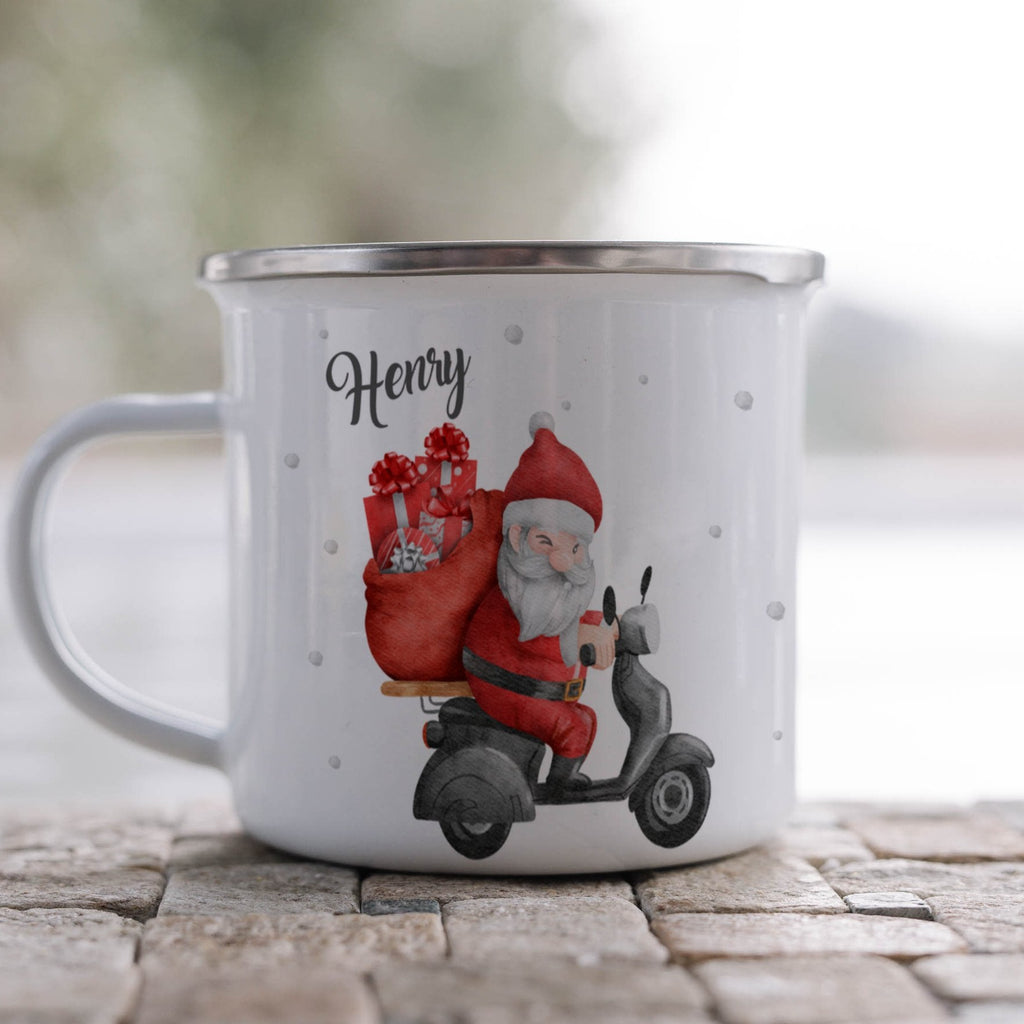 Emaille Tasse Weihnachtsmann auf Motorroller mit Geschenken Weihnachten mit Name personalisiert & Motiv | Geschenkidee (7471) - von Mikalino