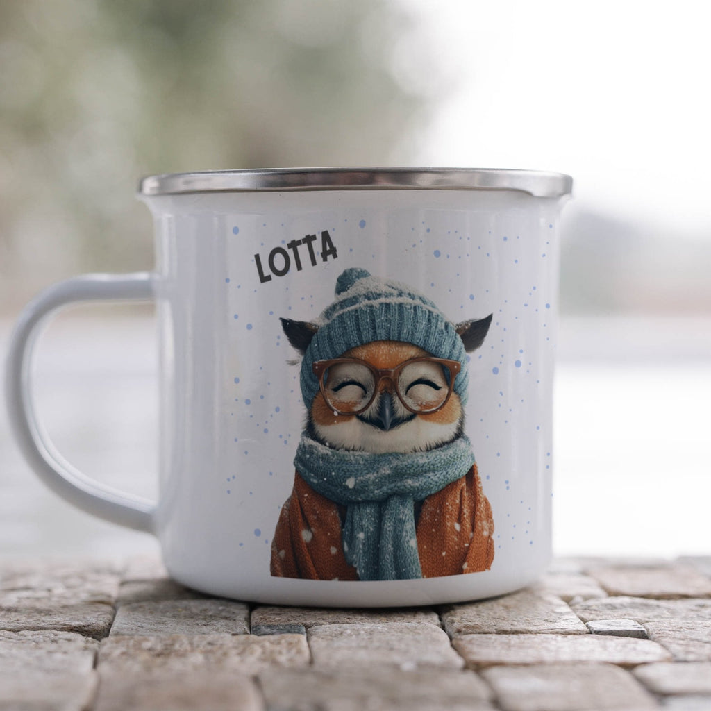 Emaille Tasse Niedlicher Eulen Winter Design Kaffeebecher mit Name personalisiert & Motiv | Geschenkidee (7490) - von Mikalino