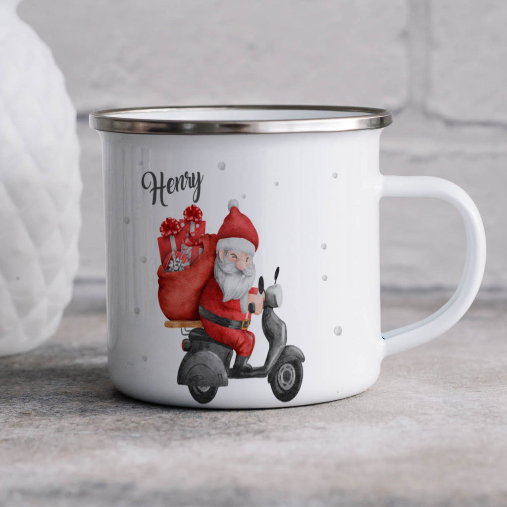 Emaille Tasse Weihnachtsmann auf Motorroller mit Geschenken Weihnachten mit Name personalisiert & Motiv | Geschenkidee (7471) - von Mikalino