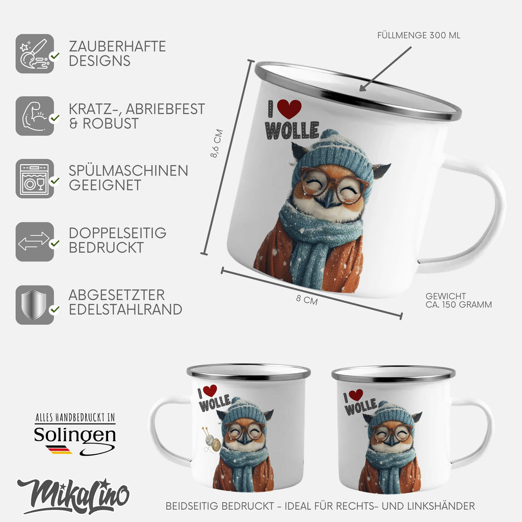 Emaille Tasse Süße Eule mit Brille und Schal I love Wolle mit Name personalisiert & Motiv | Geschenkidee (7474) - von Mikalino