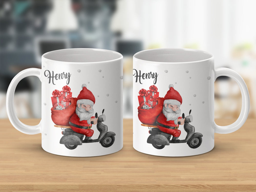 Keramik Tasse mit Name Weihnachtsmann auf Motorroller - von Mikalino