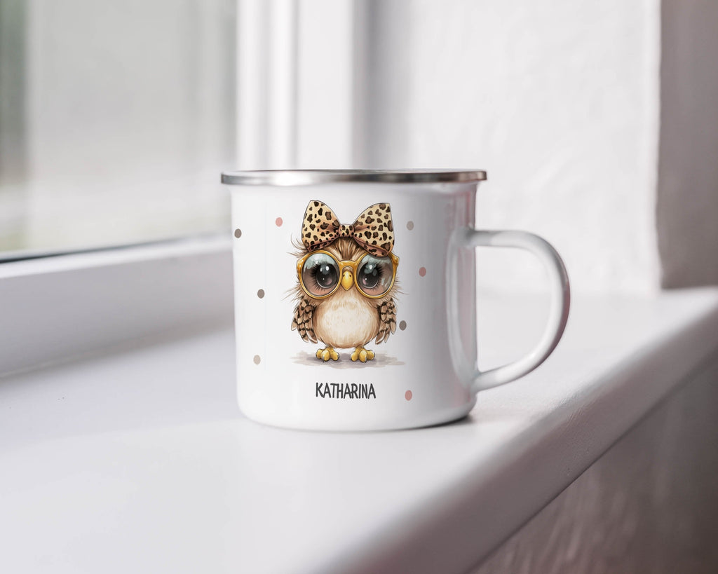 Emaille Tasse Niedliche Eulen Brille Tassen Leopard Schleife mit Name personalisiert & Motiv | Geschenkidee (7475) - von Mikalino