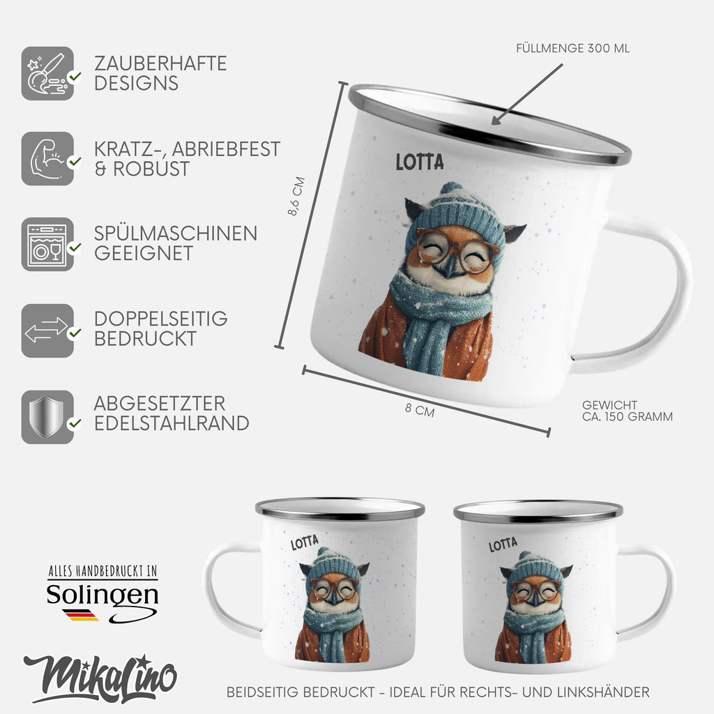 Emaille Tasse Niedlicher Eulen Winter Design Kaffeebecher mit Name personalisiert & Motiv | Geschenkidee (7490) - von Mikalino