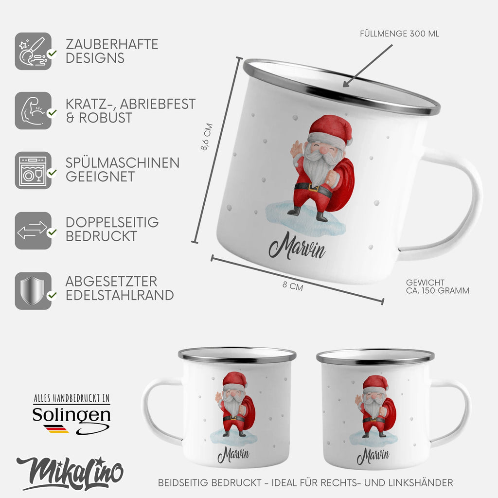 Emaille Tasse Lustiger Weihnachtsmann Design Weihnachten mit Name personalisiert & Motiv | Geschenkidee (7469) - von Mikalino