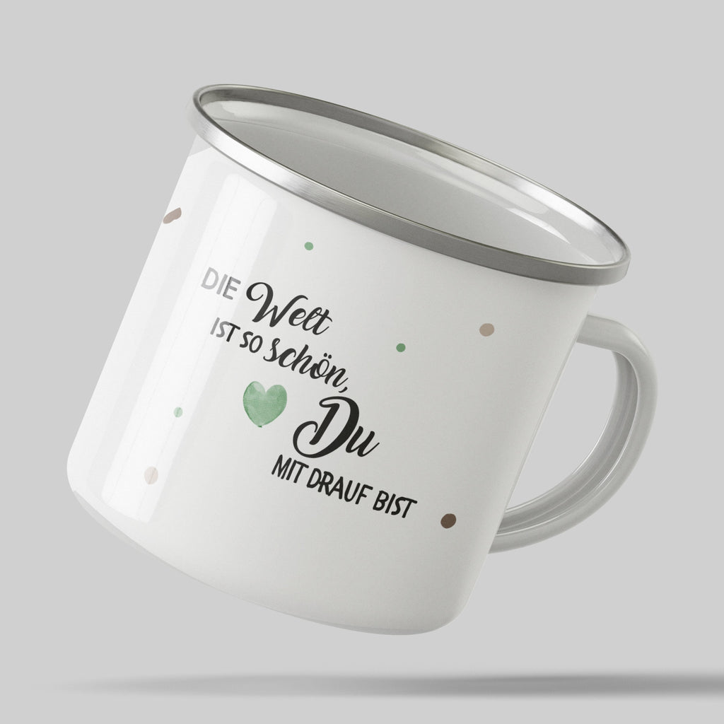 Emaille Tasse Die Welt ist so schön Du mit drauf bist mit Name personalisiert & Motiv | Geschenkidee (7478) - von Mikalino