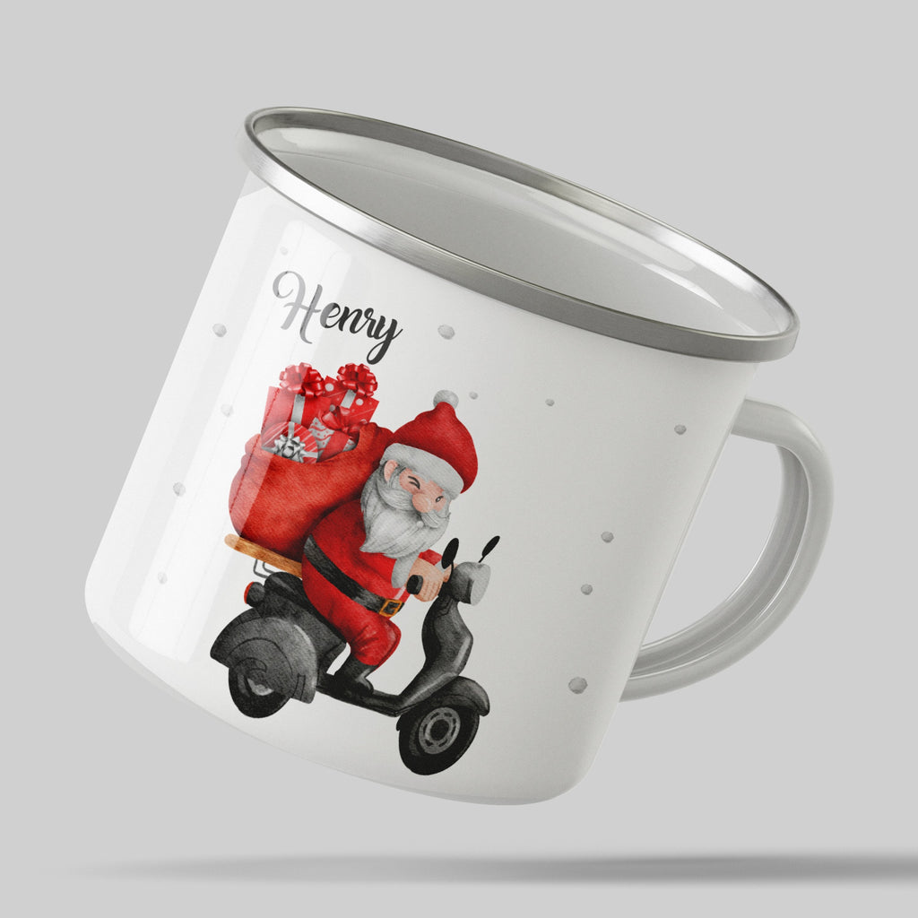 Emaille Tasse Weihnachtsmann auf Motorroller mit Geschenken Weihnachten mit Name personalisiert & Motiv | Geschenkidee (7471) - von Mikalino