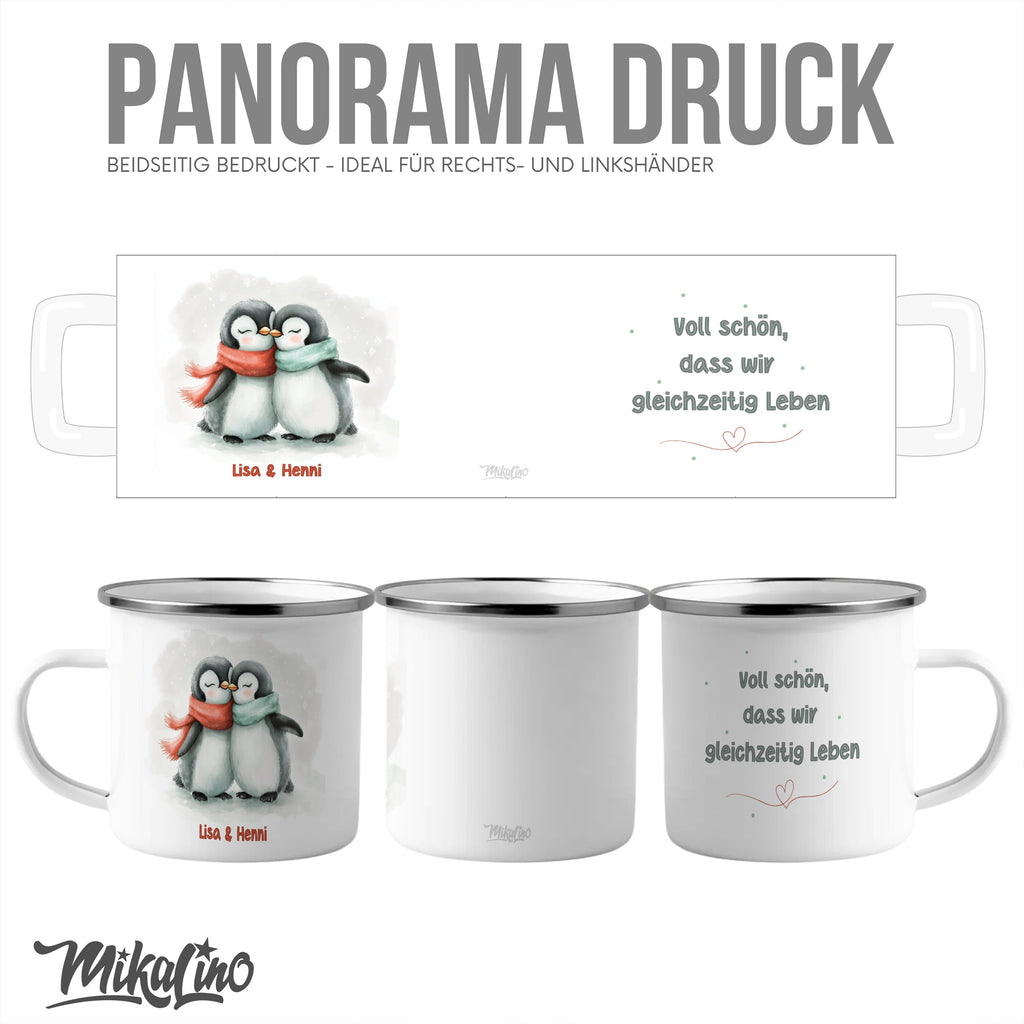 Emaille Tasse Pinguin Pärchen mit Namen Lisa und Henri Design mit Name personalisiert & Motiv | Geschenkidee (7487) - von Mikalino