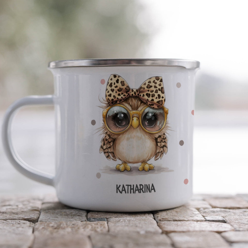 Emaille Tasse Niedliche Eulen Brille Tassen Leopard Schleife mit Name personalisiert & Motiv | Geschenkidee (7475) - von Mikalino