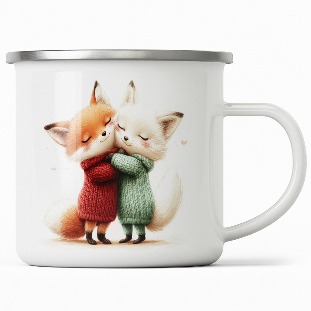 Emaille Tasse Niedliche Umarmung der Füchse Illustration mit Name personalisiert & Motiv | Geschenkidee (7486) - von Mikalino