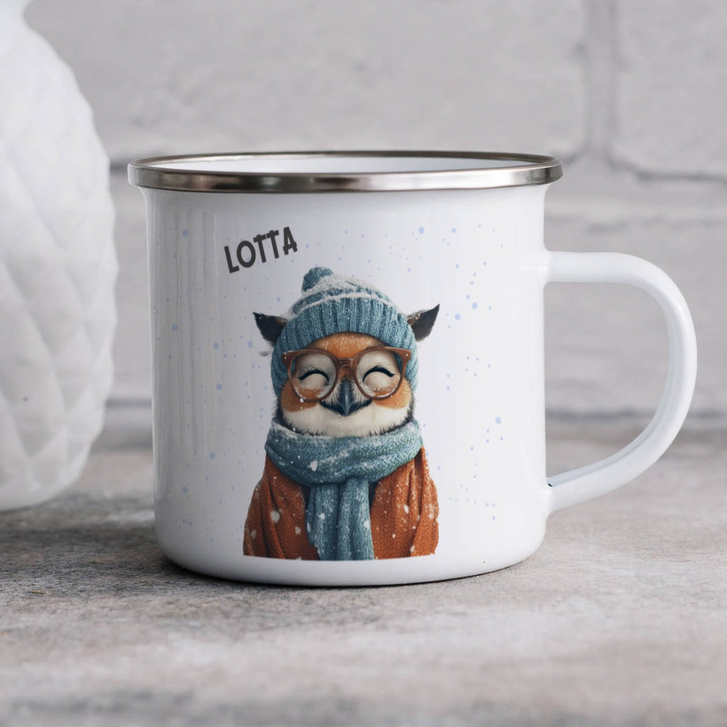 Emaille Tasse Niedlicher Eulen Winter Design Kaffeebecher mit Name personalisiert & Motiv | Geschenkidee (7490) - von Mikalino