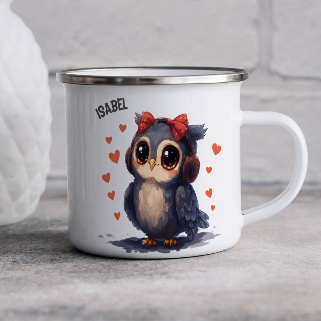 Emaille Tasse Süße Eule mit roten Herzen Kaffeetassen mit Name personalisiert & Motiv | Geschenkidee (7476) - von Mikalino