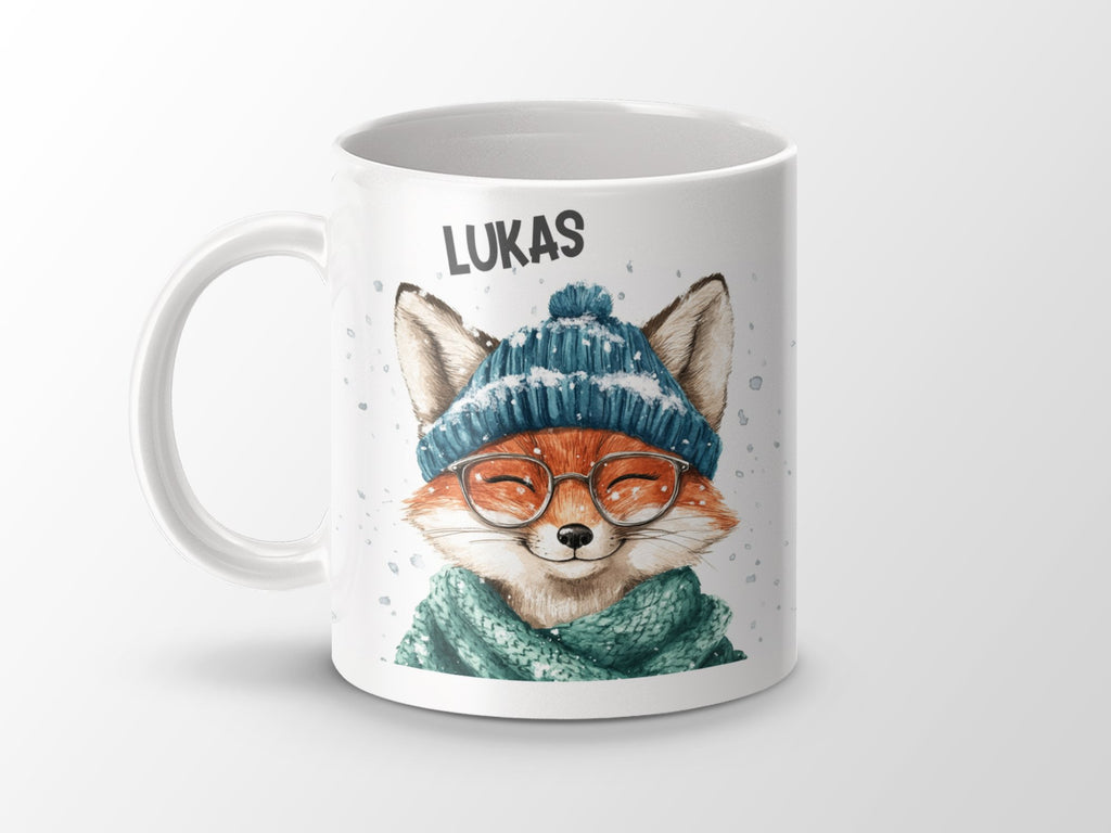 Keramik Tasse mit Wunschname Lustige Fuchs Illustration - von Mikalino