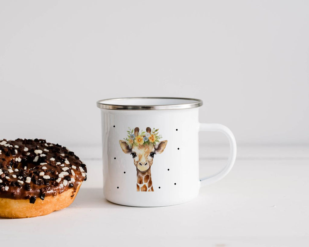 Emaille Tasse Giraffe mit Blumen - von Mikalino