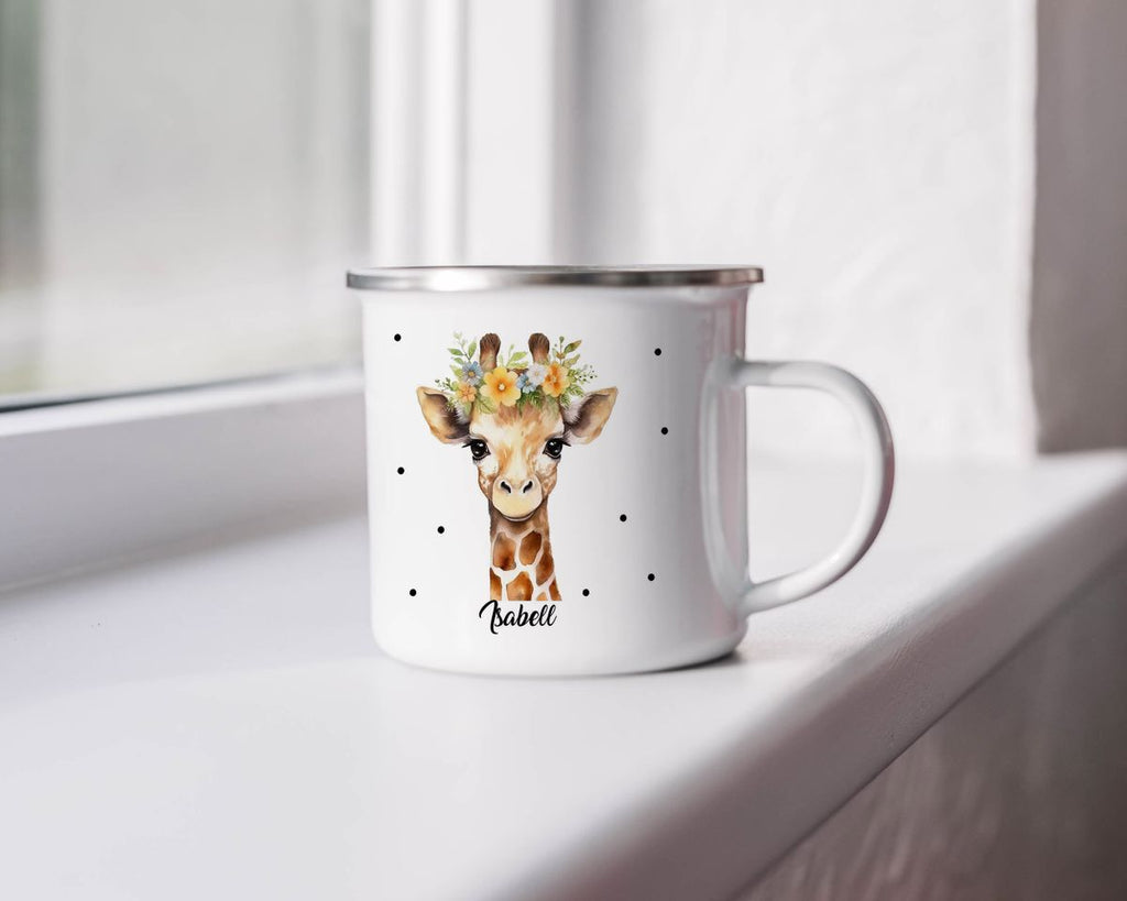 Emaille Tasse Giraffe mit Blumen - von Mikalino