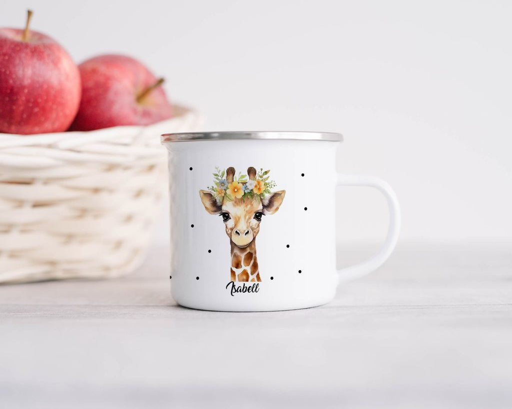 Emaille Tasse Giraffe mit Blumen - von Mikalino