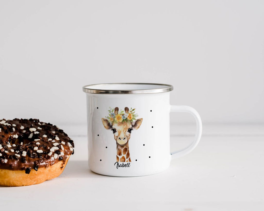 Emaille Tasse Giraffe mit Blumen - von Mikalino