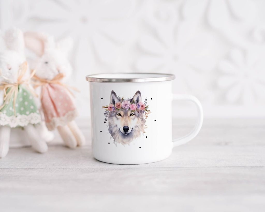 Emaille Tasse Wolf mit Blumen - von Mikalino