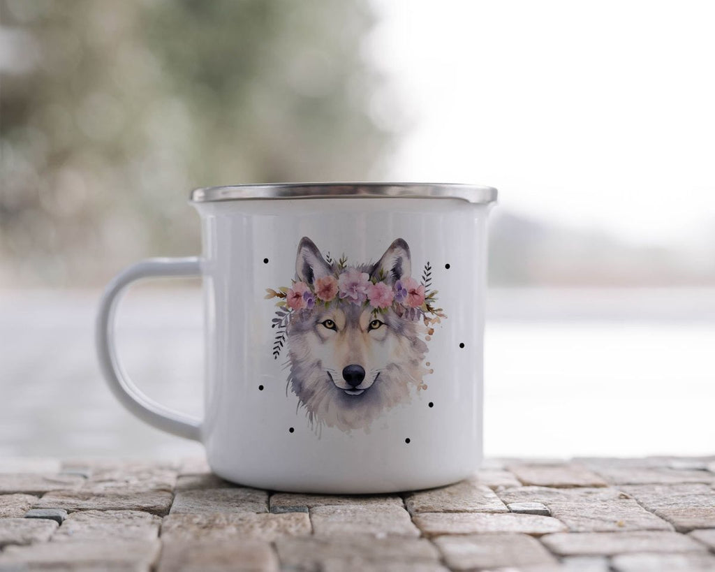 Emaille Tasse Wolf mit Blumen - von Mikalino