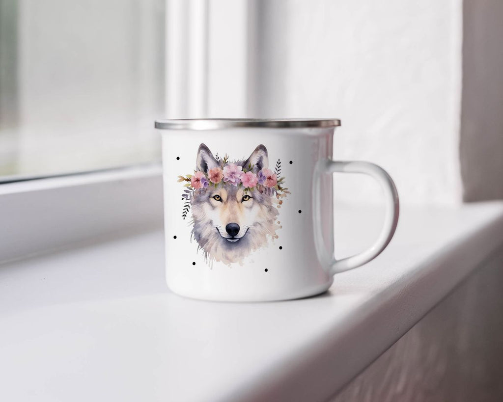 Emaille Tasse Wolf mit Blumen - von Mikalino