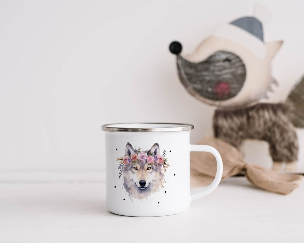 Emaille Tasse Wolf mit Blumen - von Mikalino