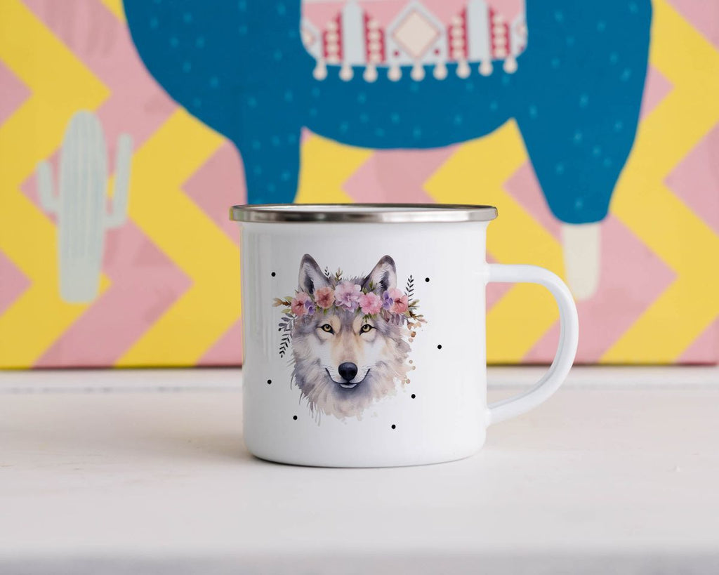 Emaille Tasse Wolf mit Blumen - von Mikalino