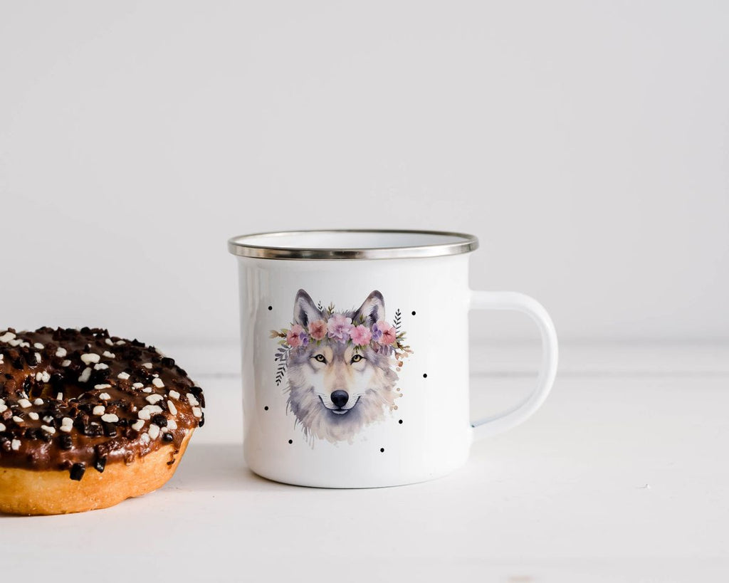 Emaille Tasse Wolf mit Blumen - von Mikalino