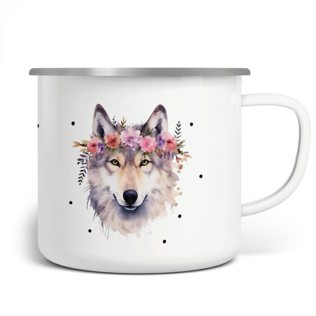 Emaille Tasse Wolf mit Blumen - von Mikalino