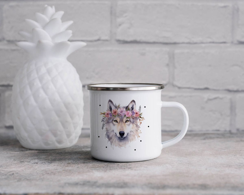 Emaille Tasse Wolf mit Blumen - von Mikalino