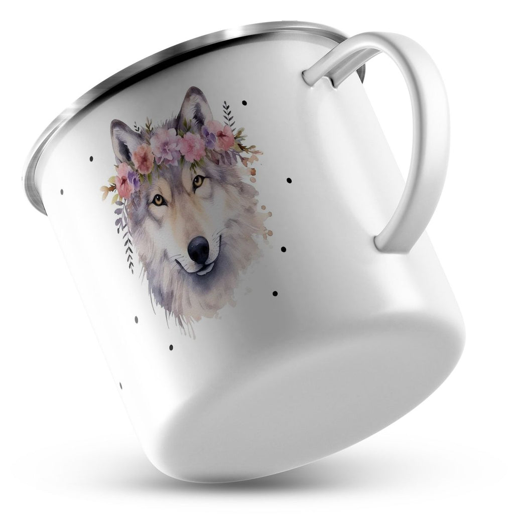 Emaille Tasse Wolf mit Blumen - von Mikalino