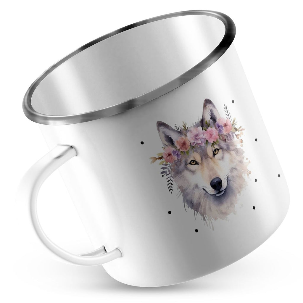 Emaille Tasse Wolf mit Blumen - von Mikalino