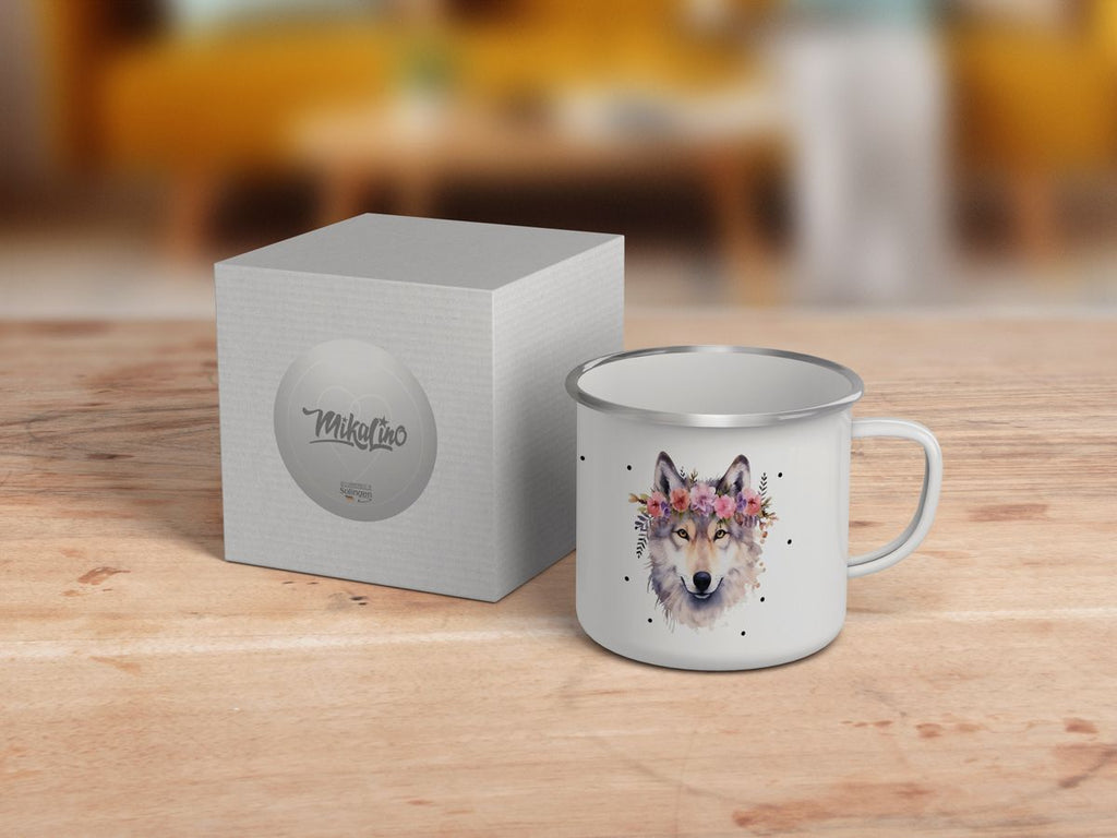 Emaille Tasse Wolf mit Blumen - von Mikalino