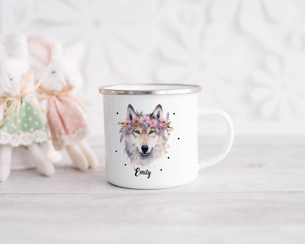 Emaille Tasse Wolf mit Blumen - von Mikalino