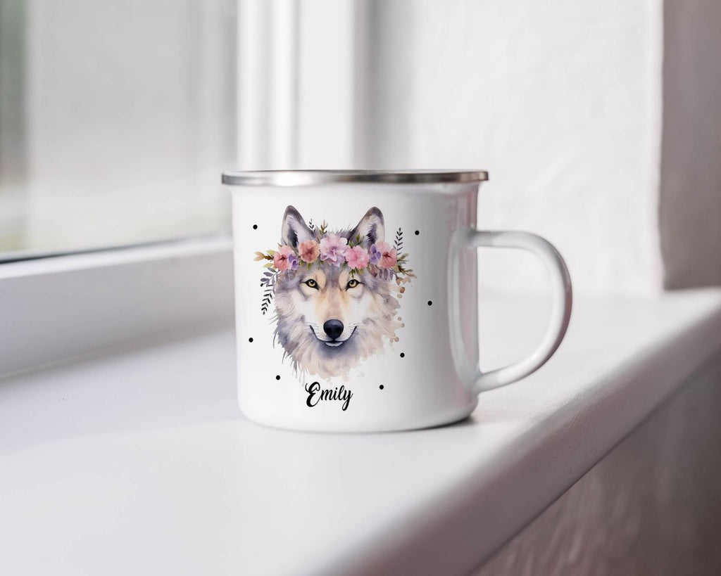 Emaille Tasse Wolf mit Blumen - von Mikalino