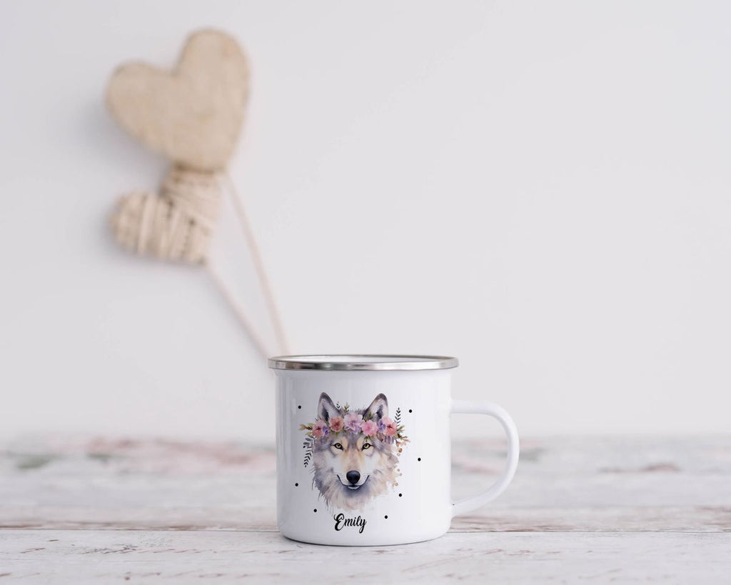 Emaille Tasse Wolf mit Blumen - von Mikalino