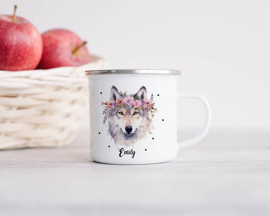 Emaille Tasse Wolf mit Blumen - von Mikalino