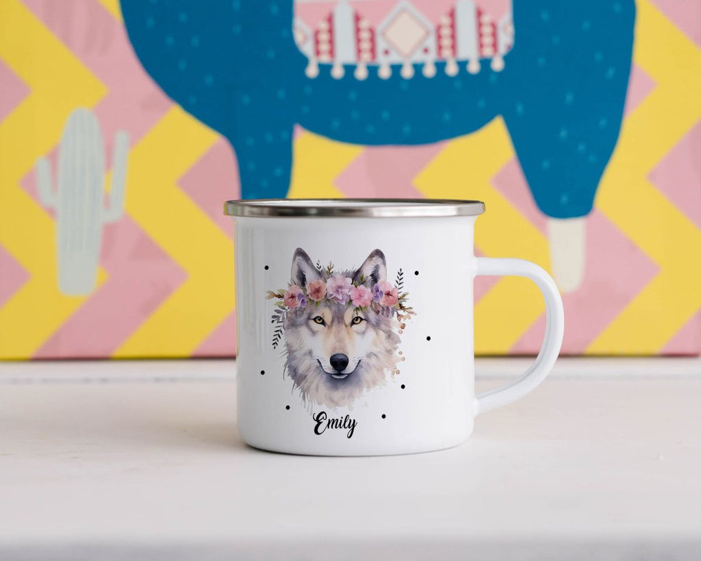 Emaille Tasse Wolf mit Blumen - von Mikalino