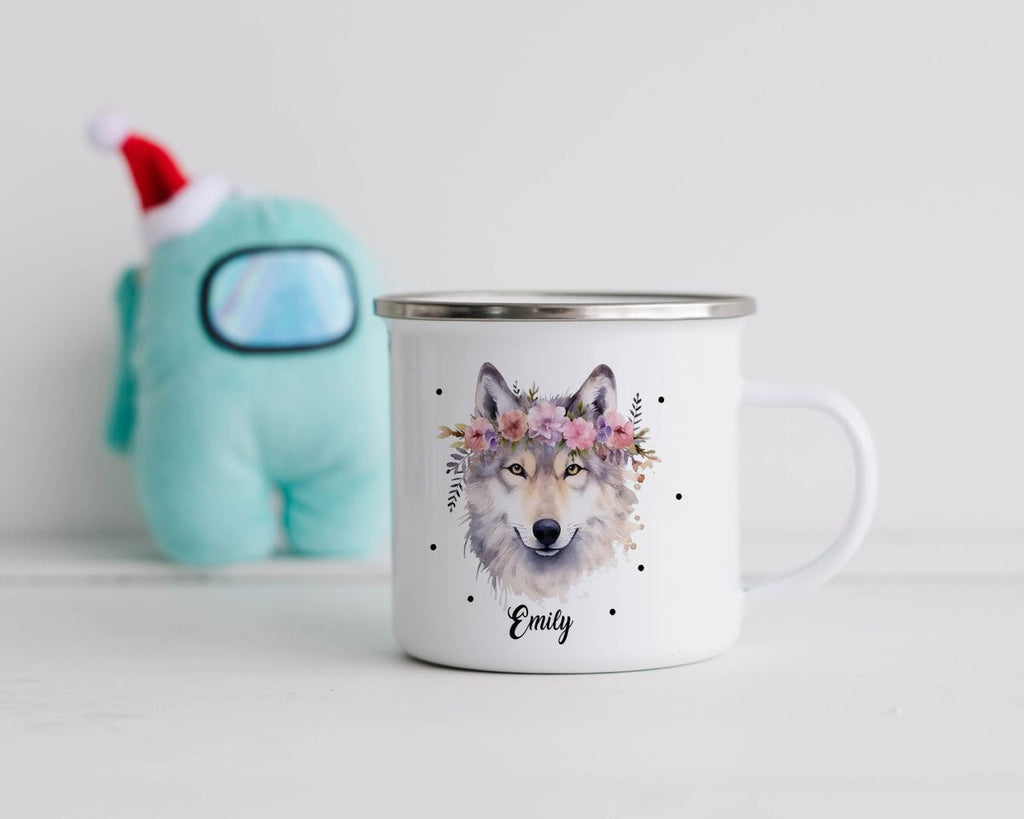 Emaille Tasse Wolf mit Blumen - von Mikalino