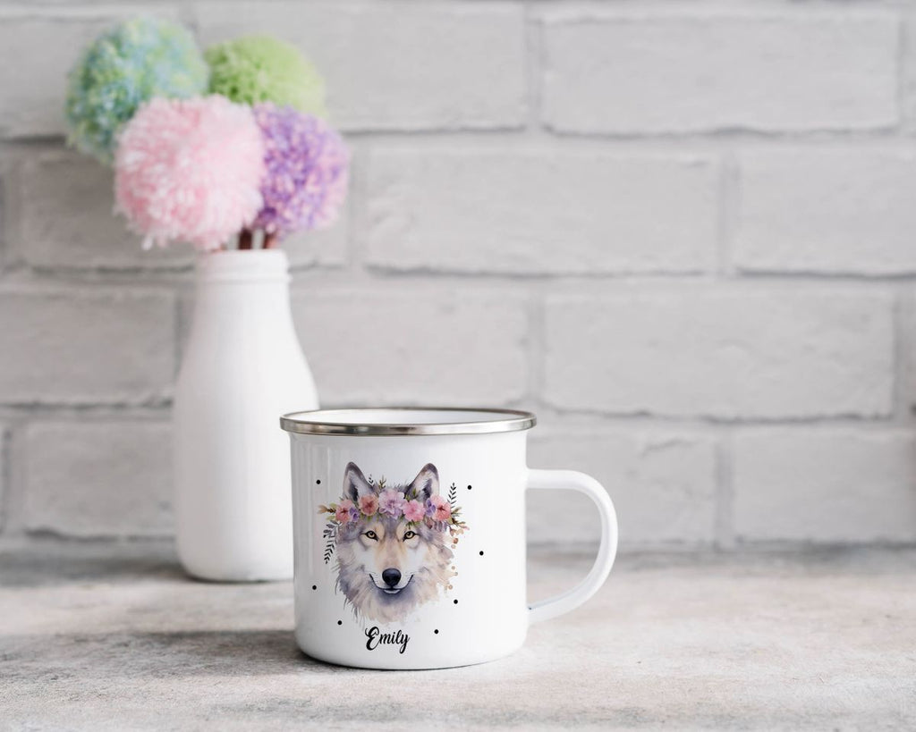 Emaille Tasse Wolf mit Blumen - von Mikalino