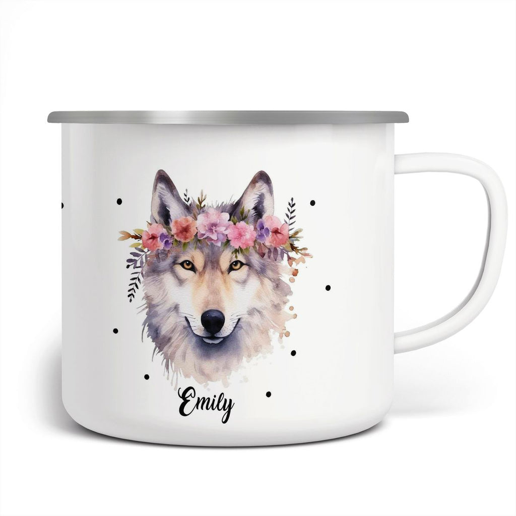 Emaille Tasse Wolf mit Blumen - von Mikalino