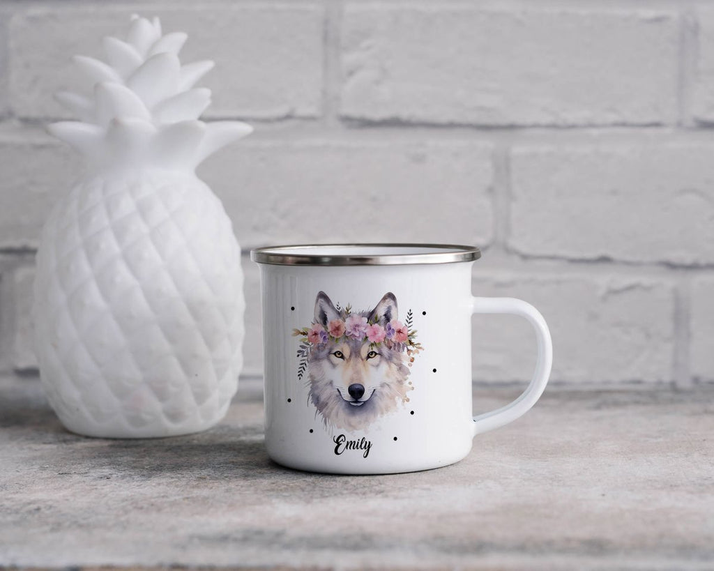 Emaille Tasse Wolf mit Blumen - von Mikalino