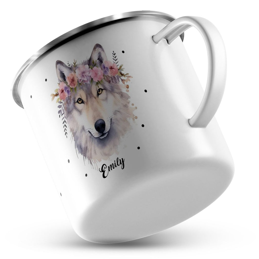 Emaille Tasse Wolf mit Blumen - von Mikalino