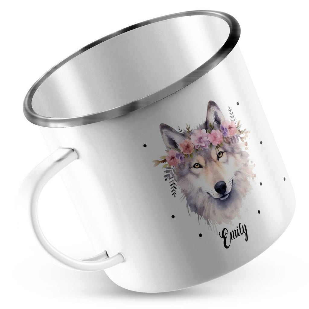 Emaille Tasse Wolf mit Blumen - von Mikalino